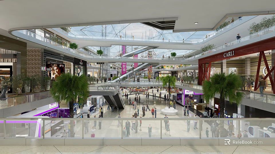 Bright Shopping Mall Store Interior With Escalators Palm Trees And Shoppers 3d model 