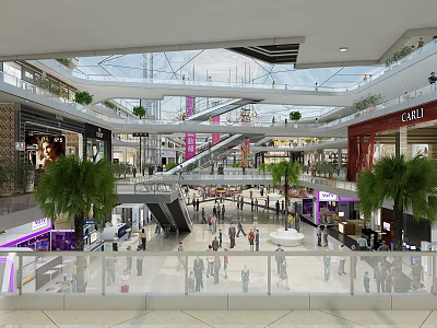 Bright Shopping Mall Store Interior With Escalators Palm Trees And Shoppers 3d model