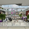 Bright Shopping Mall Store Interior With Escalators Palm Trees And Shoppers