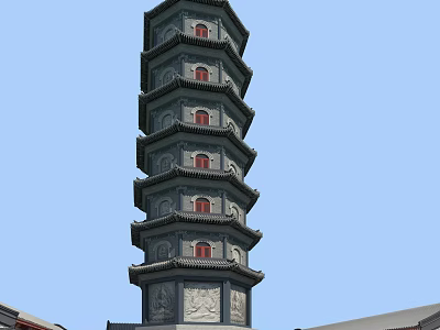 Traditional Ancient Chinese Pagoda With Grey Structure Red Windows And Carvings Against Blue Sky 3d model