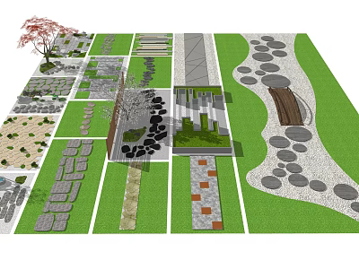 Stepping Stones in Garden Landscape with Various Designs Featuring Natural Stone Slabs and Pebble Paths 3d model