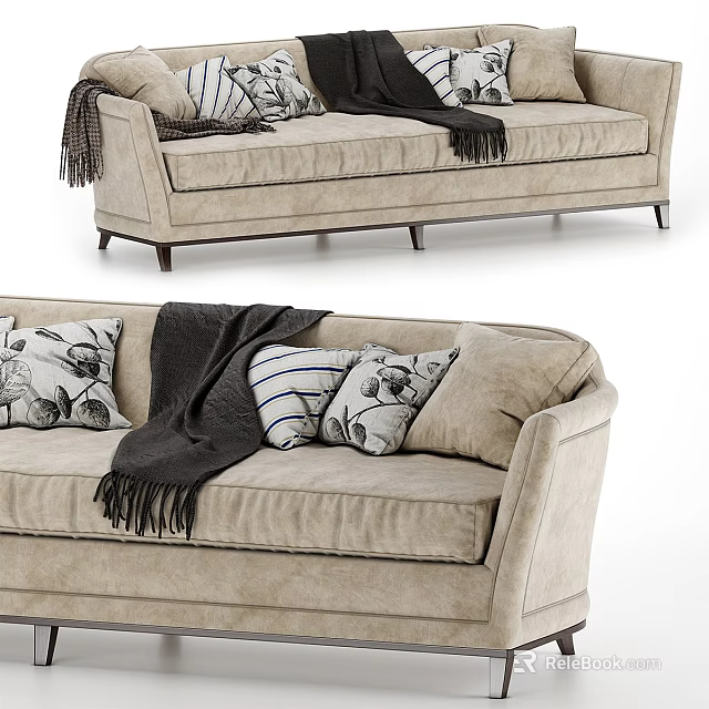Beige Fabric Two Seater Sofa With Patterned Pillows And Black Throw Blanket 3d model