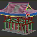 Cartoon Scene of Traditional Korean Architecture With Colorful Roof Red Pillars And Green Decorations