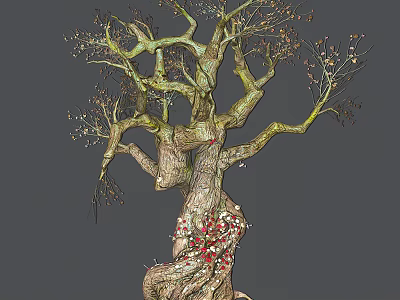 Cartoon Scene Of Twisted Tree With Yellow Branches And Red Fruits 3d model
