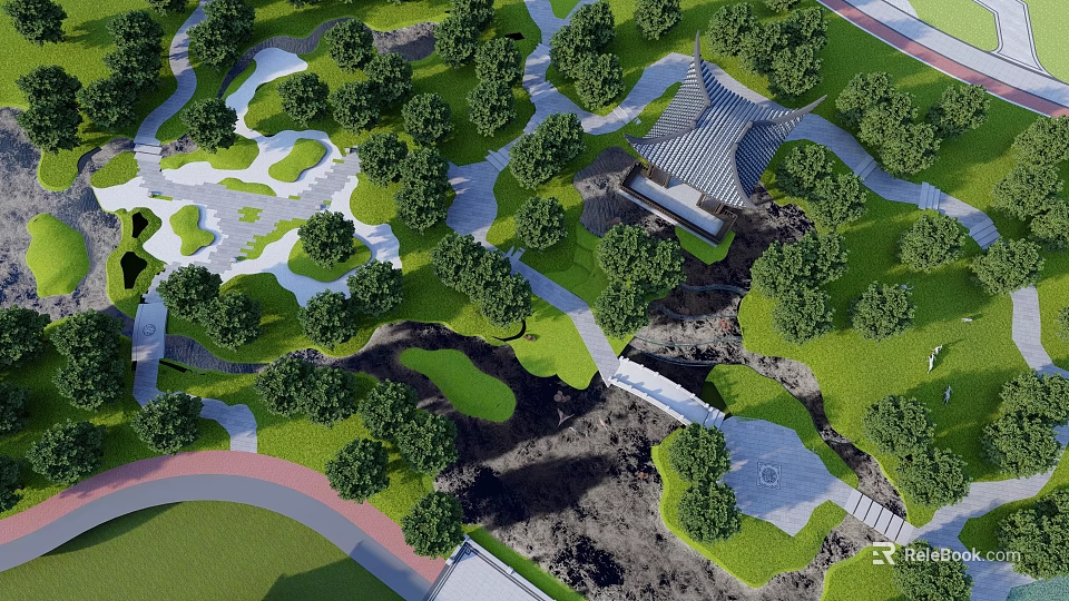 Lush Green Park Landscape With Trees Winding Pathways And Scenic Pavilion 3d model 