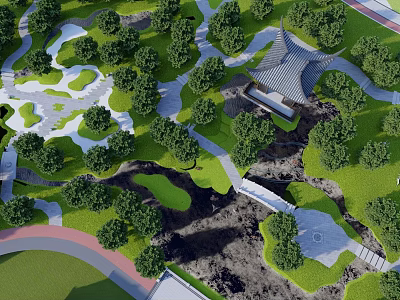 Lush Green Park Landscape With Trees Winding Pathways And Scenic Pavilion 3d model