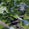 Lush Green Park Landscape With Trees Winding Pathways And Scenic Pavilion