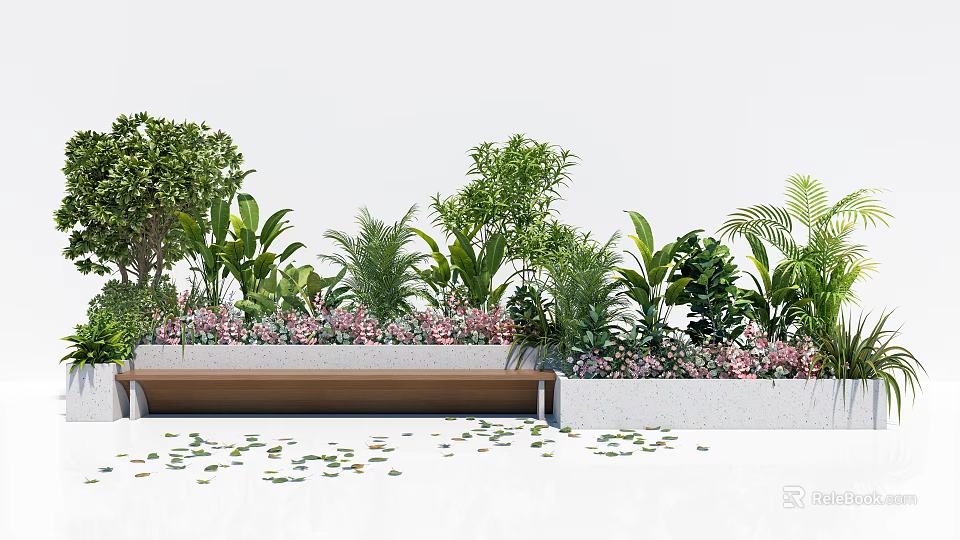 Flower Planters Filled With Lush Green Plants And Pink Flowers In Garden Setting 3d model 