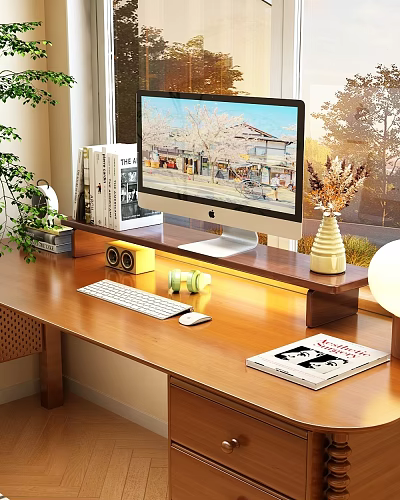 Decorative Ornament Combination On Wooden Desk With Computer Monitor Books Green Plant And Vase 3d model