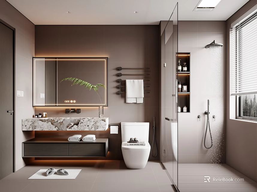 Modern Bathroom Interior With Marble Vanity Large Mirror And Glass Shower Area 3d model 