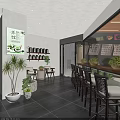 Cozy Restaurant Interior With Wooden Tables Stools Wall Shelves Green Plants And Counter