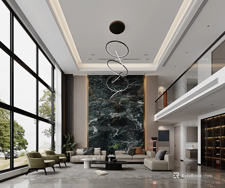 Modern Loft Living Room With Large Windows Marble Wall And Spiral Chandelier 3d model 