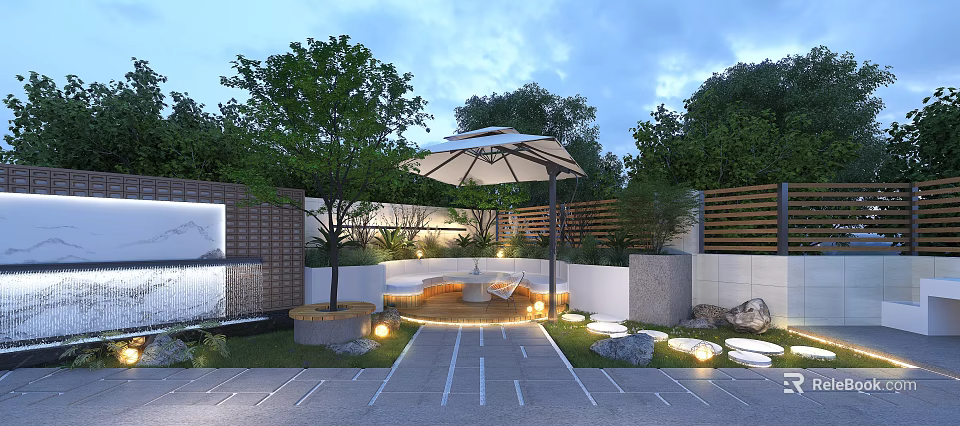 Modern Garden Landscape Design With Patio Umbrella Seating Water Feature Trees And Lighting 3d model 