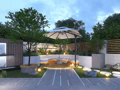 Modern Garden Landscape Design With Patio Umbrella Seating Water Feature Trees And Lighting 3d model