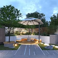 Modern Garden Landscape Design With Patio Umbrella Seating Water Feature Trees And Lighting