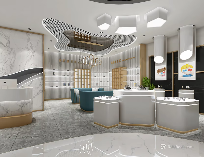 Elegant Modern Store Interior Design With Marble Counters Pendant Lights And Cabinets 3d model