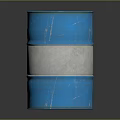 Blue Metal Barrel With White Horizontal Stripe And Worn Texture On Smooth Surface