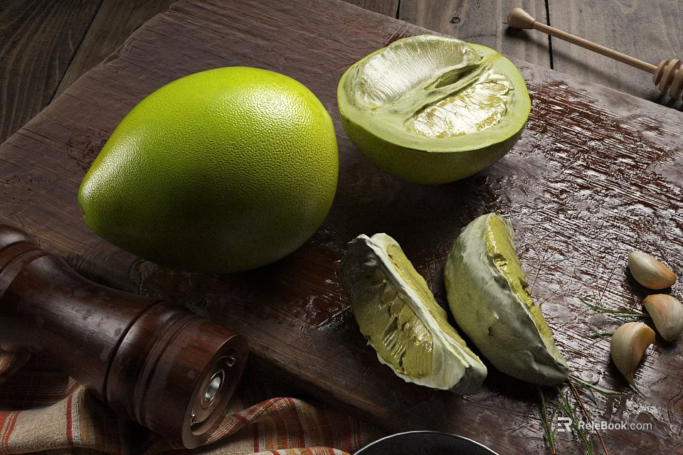 Fresh Green Pomelo Whole and Halved with Peels on Wooden Cutting Board 3d model 