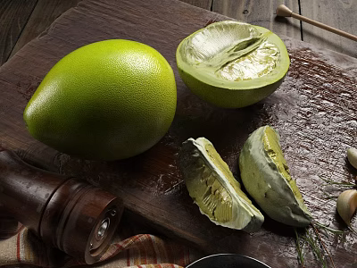 Fresh Green Pomelo Whole and Halved with Peels on Wooden Cutting Board 3d model
