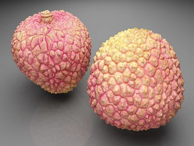 Two Fresh Lychee Fruits With Pink And Yellow Bumpy Skin Texture 3d model