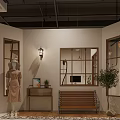 Modern Clothing Store Interior With Wooden Display Racks Hanging Lamps And Curtains