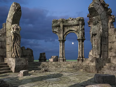 Ancient Stone Ruins With Carved Archway Statues And Moonlit Night Sky 3d model