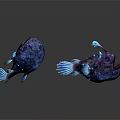 Two Purple Anglerfish with Blue Fins in 3D Rendering on White Background