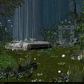 Enchanted Forest Bedroom Scene With White Drapes Glowing Lights Grass And Archway