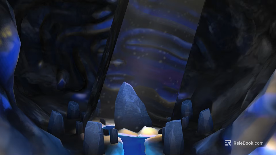 Water Fountain Surrounded by Rocks with Blue Water and Dark Wavy Background 3d model 