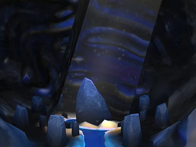 Water Fountain Surrounded by Rocks with Blue Water and Dark Wavy Background 3d model