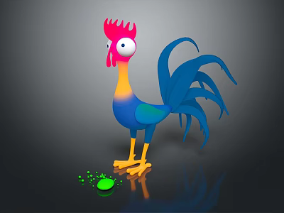 Colorful Cartoon Rooster With Red Comb Blue Tail Yellow Feet Standing Near Green Egg 3d model