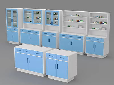 Blue And White Modern Storage Cabinets With Glass Doors Drawers And Shelves 3d model