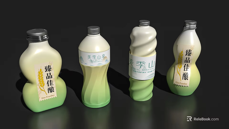 Ceramic Bottles With White Green Gradient And Decorative Labels For Beverage 3d model 