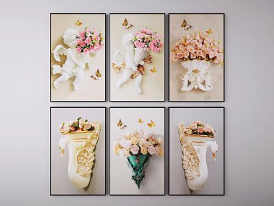 Six Wall Art Paintings With Cherubs Flower Bouquets Butterflies And Decorative Vases 3d model