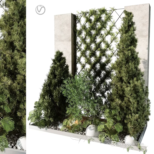 Modern Green Plant Wall Design With Lattice Structure And Surrounding Evergreen Trees 3d model 