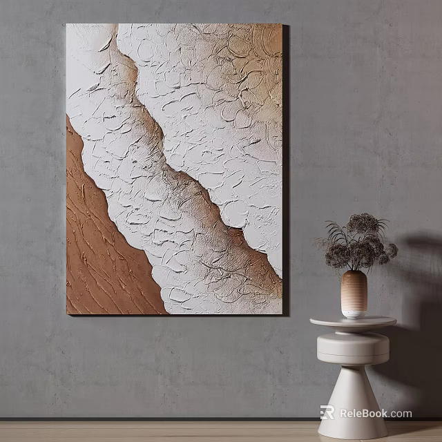 Abstract Painting With White Brown Texture On Gray Wall Near Decorative Vase And Dried Flowers 3d model 