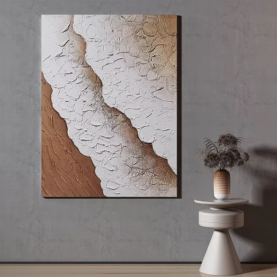 Abstract Painting With White Brown Texture On Gray Wall Near Decorative Vase And Dried Flowers 3d model