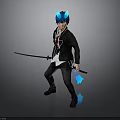 Anime Character With Blue Hair Cat Ears Black Coat And Sword Holding Blue Flames