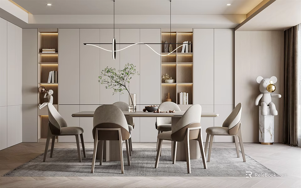 Modern Restaurant Interior With Dining Table Chairs Pendant Lights Green Plant And Bookshelves 3d model 