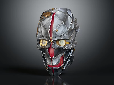 Futuristic Character Wearing Metallic Biomechanical Mask With Silver Red And Gold Intricate Accents 3d model