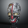 Futuristic Character Wearing Metallic Biomechanical Mask With Silver Red And Gold Intricate Accents