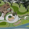Wooden House in Lush Green Area with Slide Swing and Playground Equipment