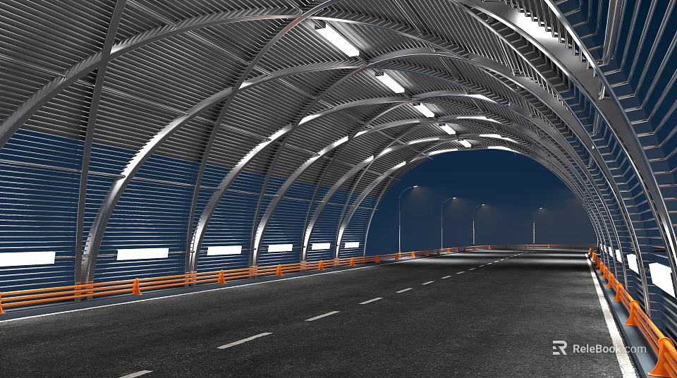 Modern Road Tunnel With Metal Arch Structure Blue Walls Orange Guardrails And White Lane Markings 3d model 