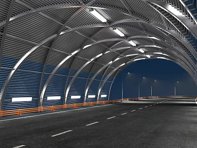 Modern Road Tunnel With Metal Arch Structure Blue Walls Orange Guardrails And White Lane Markings 3d model