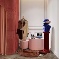 Luxury Modern Interior With Pink Arched Partition Dressing Table Blue Chair And Decorations