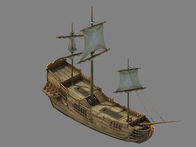 Traditional Wooden Sailing Ship With Multiple Masts And Canvas Sails 3d model