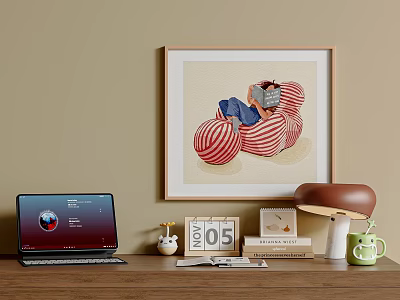 Stylish Decorative Ornament Set on Wooden Shelf with Laptop Calendar Mushroom Lamp and Wall Painting 3d model