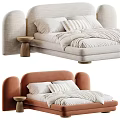 Modern Upholstered Double Bed With Curved Headboard White Bedding Wooden Side Tables And Hanging Lights