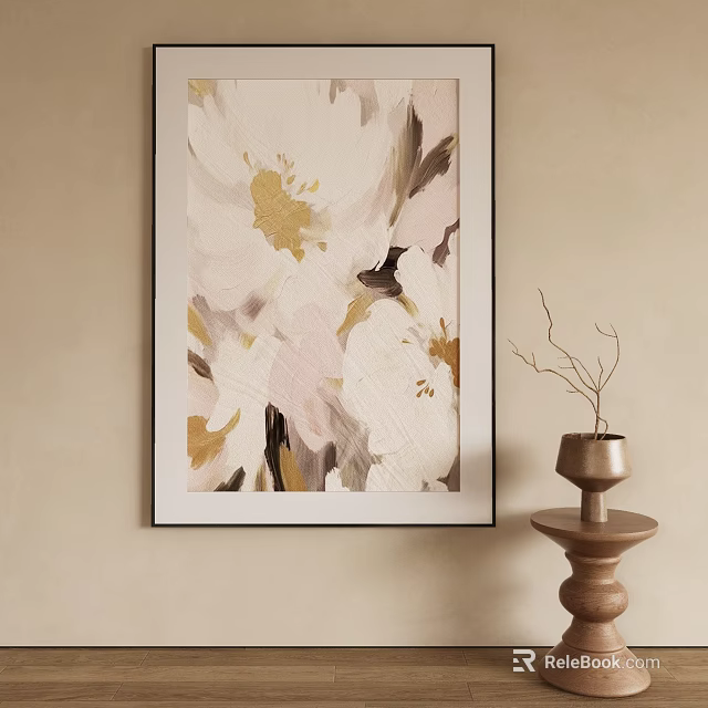 Abstract Flower Painting In Beige Pink Gold Tones With Wooden Vase And Twigs On Wall 3d model 