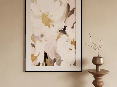 Abstract Flower Painting In Beige Pink Gold Tones With Wooden Vase And Twigs On Wall 3d model
